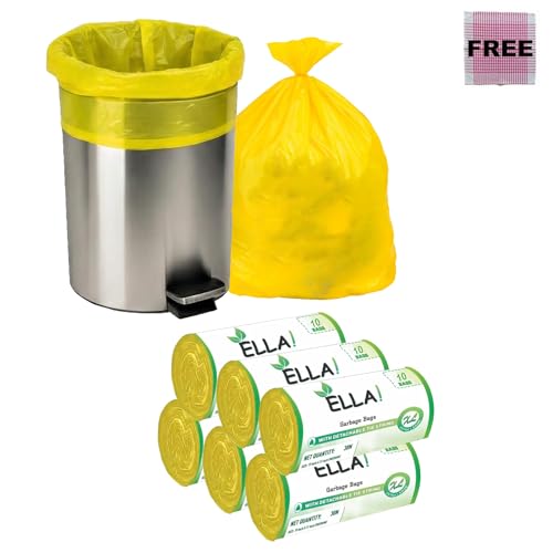 Image of ELLA Yellow Garbage Bags 30 x 37 Inches 6 Rolls 60 Bags Extra Large Strong Trash Bags for Daily Use in Household Kitchen Office Outdoor Waste Bins With Check Duster Cloth Free