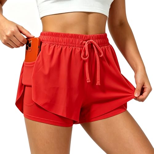 TIMEPAY Womens Athletic Shorts High Waisted 2 in 1 Flowy Workout Skorts with Liner Pockets for Running Tennis Yoga Gym Red