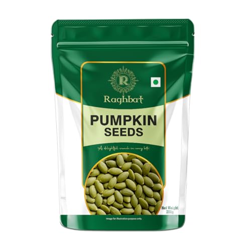Image of Raghbat Pumpkin Seeds, 200g, Rich in Protein, Dietary Fibre, Magnesium & Phosphorus, Raw & Unroasted Pumpkin Seeds, Source of Iron & Zinc, Handpicked Seeds, Resealable Pack