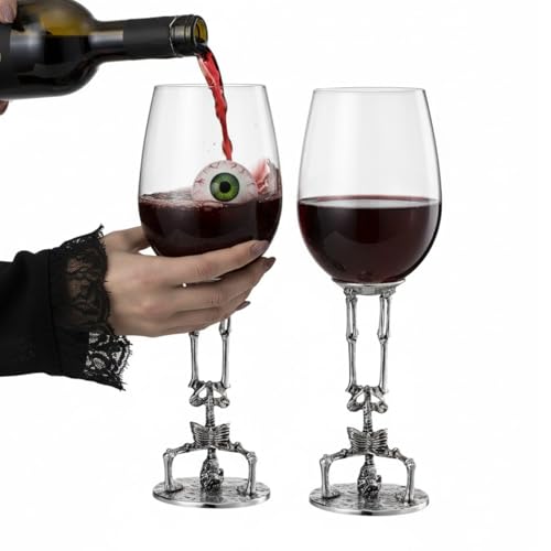 Skeleton Wine Glasses Set of 2 13oz – Gothic Skeletons Stem Goblets for Halloween Party, Horror Décor, or Barware – Spooky Skull Wine Glasses for Adults, Gothic Dining & Collectible Tableware Skull