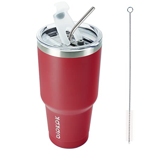 Image of BJPKPK 30 oz Tumbler with Lid and Straw, Insulated Stainless Steel Cup | Double Wall Vacuum, BPA Free, Leak Proof, Keeps Hot /Cold, Travel & Beach Ready, Car Holder Fit, Red