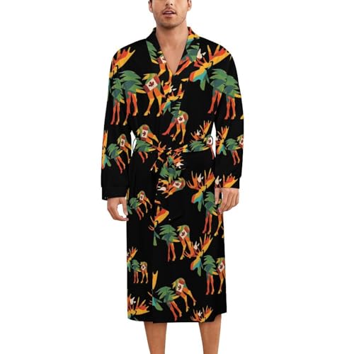 Colorful Moose Canada Flag Soft Robe Long Sleeve Bathrobes V Neck Sleepwear Spa Robes with Belt Men Woman