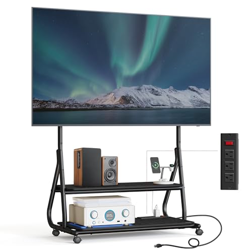 VASAGLE TV Stand with Wheels, for LCD LED OLED Flat Curved TVs up to 72 Inches and 88 lb, Rolling TV Cart, with Power Outlets, Storage Shelf, Height Adjustable, Ink Black and Ebony Black ULT