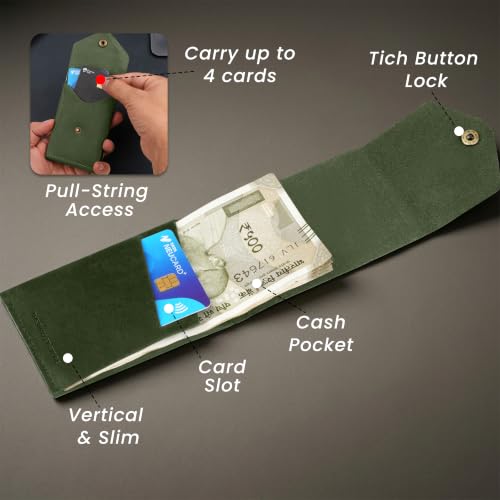 Image of The Wallet Store Flip 2.0 Genuine Leather Vertical Slim Wallet for Men | Pull-String Quick Card Access | Compact Front Cash Pocket & Button Lock | Minimalist Travel & Daily Carry Wallet (Dark Green)