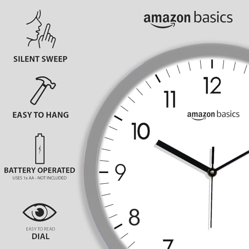 Image of Amazon Basics Traditional Wall Clock, Nickel, 30.4 cm | Analog Operation | Durable & Lightweight Construction with Metal Rim | Silent Precision | Battery-Powered | 1-Year Limited Warranty