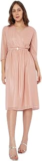 VERO MODA Solid Polyester V Neck Women's Midi Dress