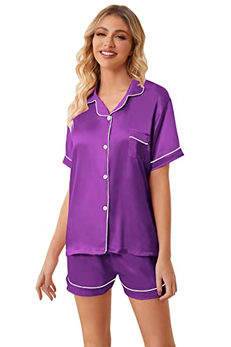 Image of Umeyda Women & Girls Pajamas Set, 2 Piece PJS Satin Silk Sleepwear Button-Down Top with Shorts for Mom Kids Gifts