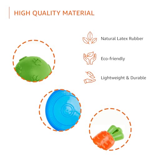 Image of Amazon Basics Dog Toys (Set of 3) - Throwing Natural Latex Ball, Squeezy Carrot, and Super Flyer Frisbee | Interactive Play for Dogs & Puppies