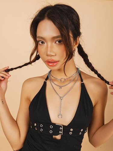 Sacina Layered Silver-tone Crescent Moon Star Choker Necklace, Gothic Punk Grunge Emo Necklace, Goth Jewelry, Christmas Jewelry Gift for Women4