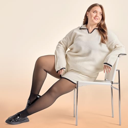 Image of WiliW Plus Size Fleece Lined Tights for Women, Sheer Winter Warm High Waist Thermal Tights Fake Translucent