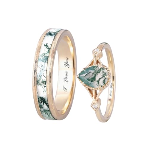 SISGEM Natural Moss Agate Promise Rings for Couples, 925 Sterling Silver/10K 14K 18K Solid Gold Moss Agate Wedding Rings for Him And Her, Vintage Leaf Matching Couple Rings Anniversary Jewelry Gift