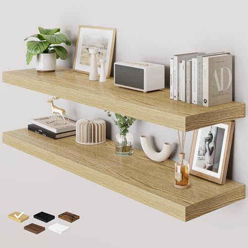 RICHFOCUS 48 Inch 12 D Floating Shelves for Wall 2 Pack Long Wall Shelves for Room Wall|Large Wood Hanging Shelf with Invisible Brackets for Bathroom Bedroom Kitchen Laundry Room Oak