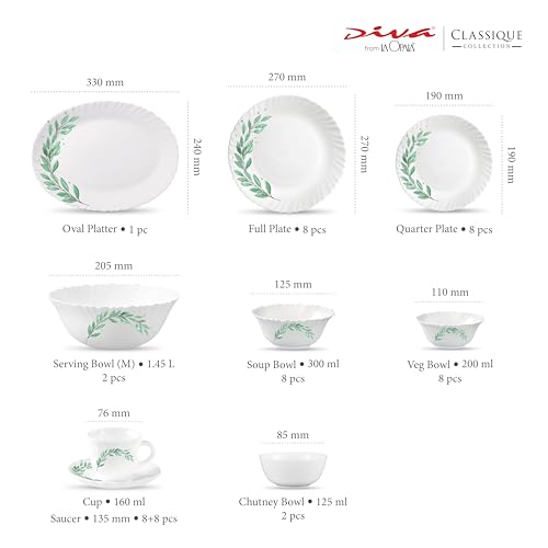 Image of La Opala Diva Classique Collection Opal Glass Crockery | for Family of 8 | Dinner Set 53 pcs Olive Trails | Plates, Bowls & Cups for Dining | Microwave Safe | 100% Vegetarian | Extra Strong | White
