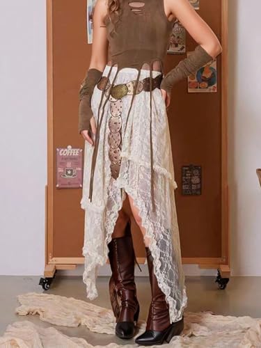 Floerns Women's Western Lace Long Skirt Asymmetrical Ruffle Trim Maxi Skirt Without Belt2