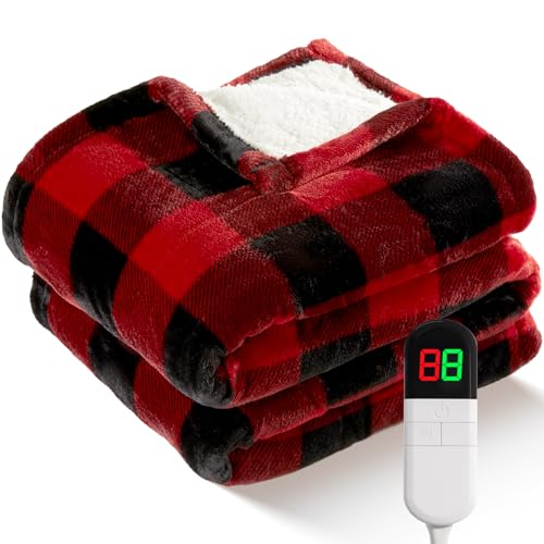 Electric Heated Sherpa Buffalo Plaid Christmas Throw Blanket with 8 Heating Levels & 8 Hours Auto...