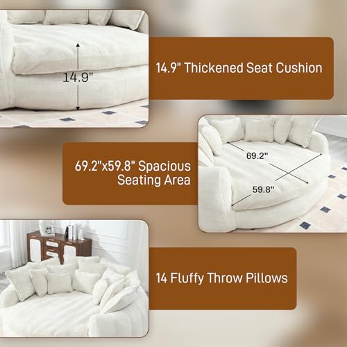 Image of 81 inch Round Sofa Bed Big Bean Bag Round Chaise Lounge Oversized Round Couch Boneless Reading Chair Plush Fluffy Chenille Large Chaise Chair for Living Room, Bedroom, Apartment, Beige