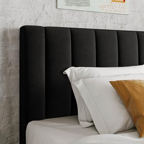 Image of Allewie Twin Bed Frame /Velvet Upholstered Bed Frame with Vertical Channel Tufted Headboard /Strong Wooden Slats /Platform Bed Frame /Mattress Foundation /Box Spring Optional /Easy Assembly /Black