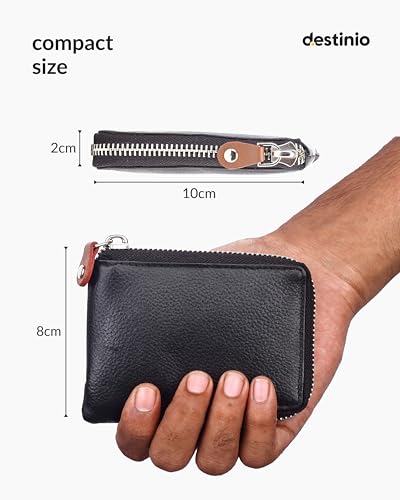 Image of Destinio Card Holder Wallet for Men Women - Genuine Leather, Branded Zippers, RFID Protection - ATM Debit Credit Card Holder, Slim RFID Protected Zipper Money Coin Purse (Black)