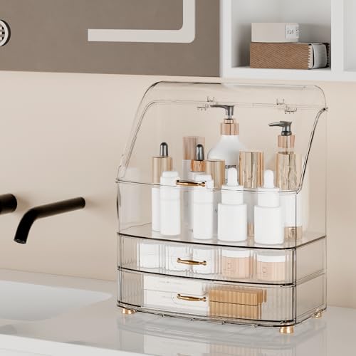 Image of Makeup Organizer Countertop Vanity with Transparent Lid Drawers Waterproof Dustproof Cosmetic Skincare Bathroom Storage Gift for Women Teens Girls (Clear Whtie)