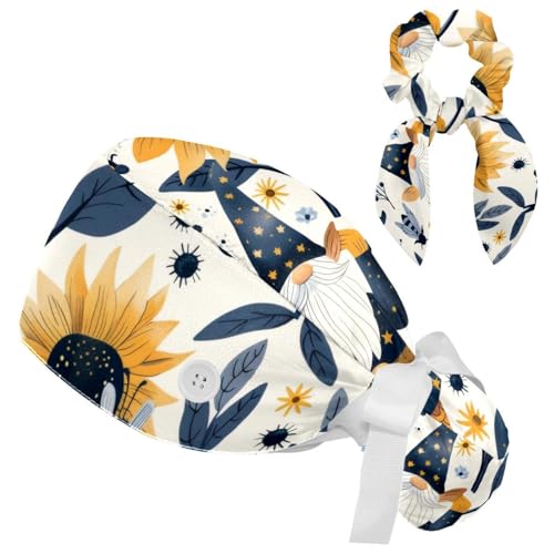 Working Cap with Button & Sweatband, Gnomes Bee Sunflower Adjustable Tie Back Hat Nurse Surgical Cap