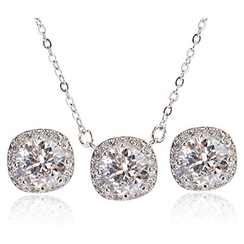Mycitta Cubic Zirconia Jewelry Set Women - S925 Sterling Silver Dainty Round Halo CZ Crystal Rhinestone Necklace Earrings Set for Wedding Party Prom Bridal Jewelry Gift Cover