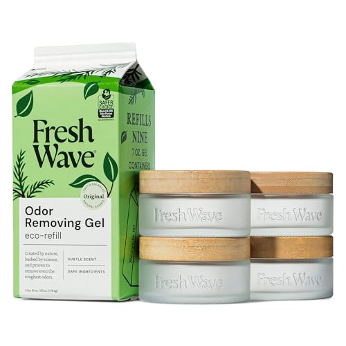 Fresh Wave Odor Removing Gel Eco-Refill 63 oz. Original Scent | 4 Empty Refillable Glass Jars | 4 Room Set