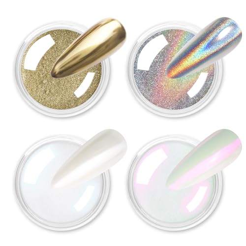 Allstarry Chrome Ongle - 4 Couleurs Poudre Or, Argent, Holographique et Aurora - Miroir Métallique Paillettes Perlées Transparent pour Nail Art