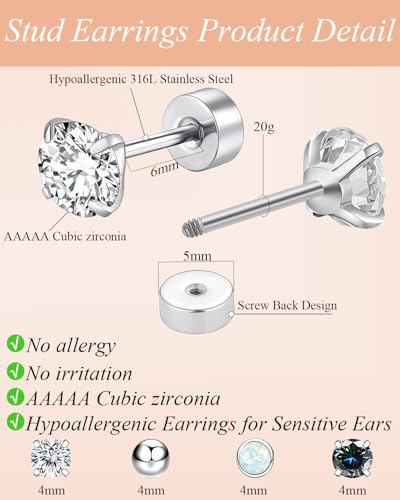 Surgical Steel Stud Earrings for Women, Hypoallergenic Flat Back Earrings for Sensitive Ears, Small Cartilage Huggie Hoop Earrings Ball CZ Opal Screw Back Stud Earrings for Women Men3