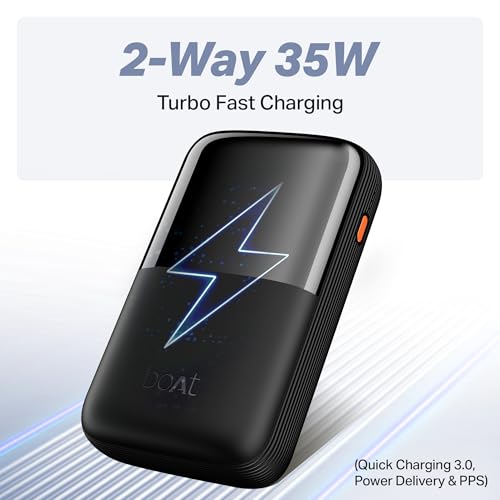 Image of Boat Energyshroom PB400 Turbo X 20000 mAh 35W Super Fast Charging, Compact Power Bank, Smart 12 Layer Protection (3X Output Ports, Supports Android, iPhone, Tablets, Earbuds, etc.) (Sable Black)