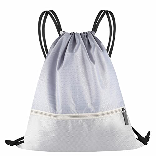 Image of Drawstring Backpack Bag, Waterproof Draw String Back Sack with Zip Pocket, Gym Drawstring Bags Swim Bag for Men Women