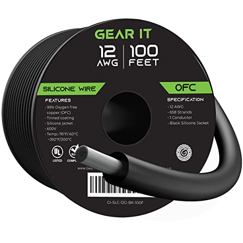 GearIT 12 Gauge Silicone Wire 600V (Black - 100 Feet) 12AWG Tinned OFC Oxygen Free Copper Stranded Soft Flexible Wires for Primary, Electrical, Car/Auto, Trailer, Amp - 12ga 100ft