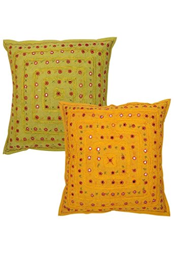 Sophia Art 2 Pcs Set Embroidery Indian Sari Throw Pillow Toss Cotton Cushion Cover Designer Traditional Mirror Work Throw Pillow Cover 16 x 16 Inch (Multi)