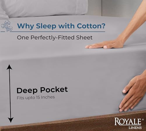 Image of Royale Linens 100% Organic Cotton Fitted Sheet - Percale Weave - Super Soft Deep Pocket Bottom Sheets - Elastic Sheet Queen Size - Queen Fitted Sheets Only - (60 inchx80 inch+15 inch, Silver)