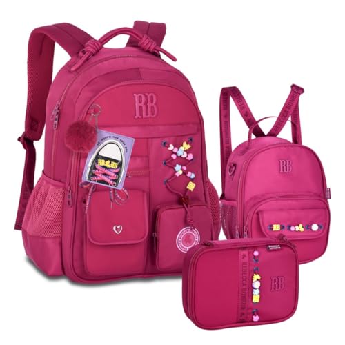 Kit Mochila de Costas Estojo Box e Lancheira 2x1 Rebeca Bonbon Beaded Fun Escolar Trabalho Faculdade Rosa
