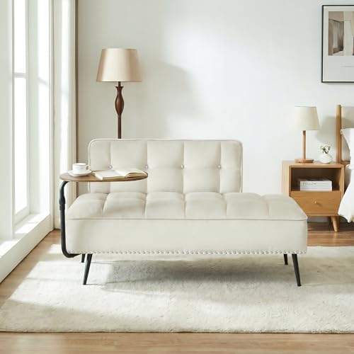 Trygoal Velvet Loveseat Sofa Couch, Futon Sofa Couch with 360° Swivel Side Table, Small Couches with Backrest and Foam Cushion for Small Spaces, Entryway Bench, Apartment, Bedroom, White