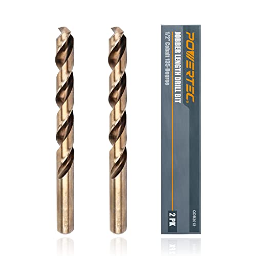 Powertec QDB2012 1/2 Inch Cobalt Drill Bits - 2 Pack - 6 Inch Length - M35 Hss Jobber Length Twist Bits With 135° Tip For Drilling Wood, Metal, Stainless Steel, Nickel Alloy cover