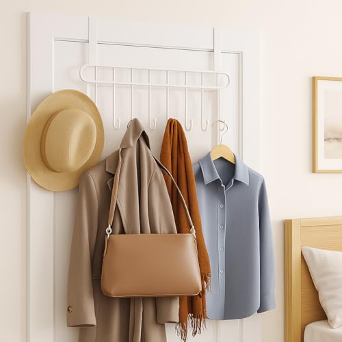 Image of Kundi Multi-Functional Over-the-Door Hook Hanger Rack - Heavy-Duty Steel Wall Hook Organizer with 7 Hooks for Clothes, Towels, Kitchen & Bathroom