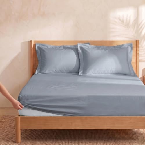 Image of Huesland 300 TC Premium 100% Pure Cotton Luxe Soft Touch Fitted King Size Bedsheet Cotton with 2 Pillow Covers | Greyish Blue | 72 x 78 Inches