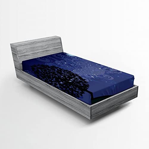 Ambesonne Starry Night 2 Pack Fitted Sheet, Tree Silhouette, Bed Cover All-Round Elastic Deep Pockets 2 Pieces, Package Contains 2 Twin Size Fitted Sheets, Charcoal Indigo