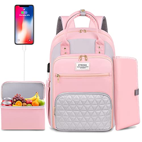 Image of ETRONIK Diaper Bag Backpack with USB Port, Multifunction Baby Bag with Insulated Cooler Lunch Bag, Large Capacity Waterproof Diaper Bag for Baby Girl, Pink