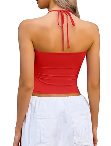 Image of Avidlove Halter Tops for Women Going Out Double Lined Sexy Crop Tank Top Ruched Slim Fit Cami Y2K Outfits Womens Summer Tops