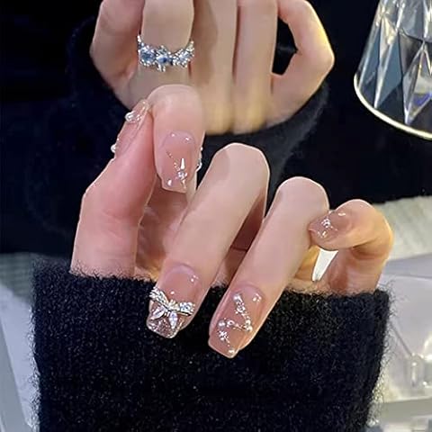 Glossy nude Press on Nails 24PCS Full Cover Nails with Pearls and Bows French Design Nail Art for Women and Girls Party Salon Cover