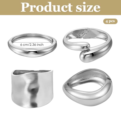 4 Pcs Chunky Silver/Gold Bracelets Set, Silver Chunky Gold Bangles for Women Not Easy to Fade, Irregular Thick Silver Gold Cuff Bracelets for Women, Fashion Arm Chunky Gold Bracelet Stack Bangle2