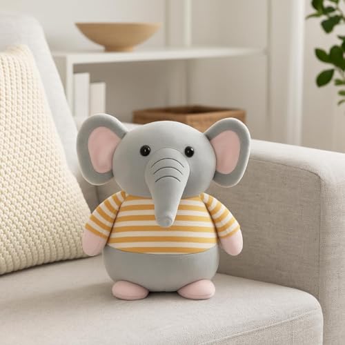 Image of Fun4you Plush Elephant Stuffed Animal Toy with Blue Striped T-Shirt, Soft Toy for Kids, Grey (Yellow)