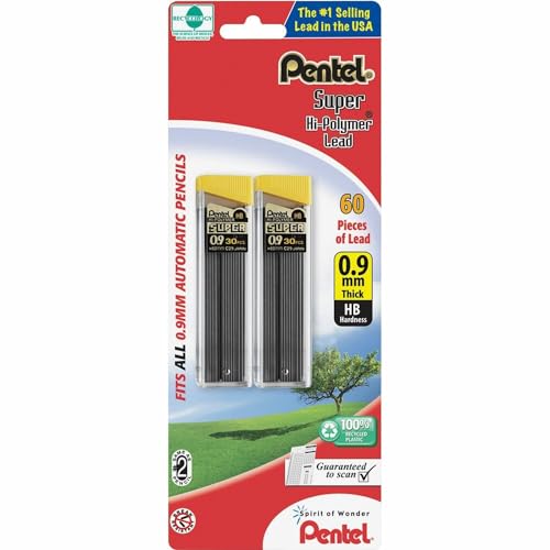 Pentel Super Hi-Polymer Lead Refill , 0.9 mm Thick, HB, 60 Pieces of Lead (C29BPHB2) , Gray