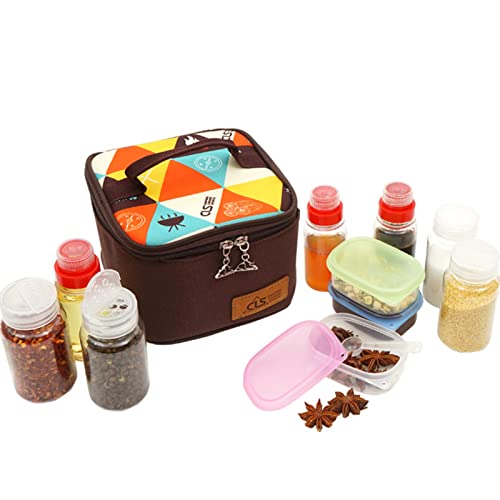Joyeee Kit de recipientes de especias de viaje, 3 botellas de especias líquidas, 3 botellas de salsa, 4 cajas de especias con cuchara pequeña, bolsa de almacenamiento para camping barbacoa