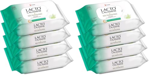 Image of Lacto Calamine Daily Cleansing Face Wipes 25N Each - Pack of 8 | Makeup Remover Wipes | Wet Tissue for Face with Aloe Vera, Cucumber & Vitamin E | Wet Wipes for Women & Men | Paraben & Alcohol Free