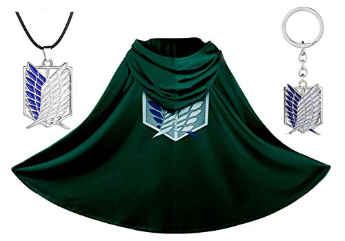 Anime Cosplay Costume Shingeki No Kyojin Cloak Cape Halloween Cosplay Costume with Necklace and Keychain Green