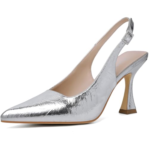 Image of Susanny Slingback Kitten Heels Elegant Dressy Pumps for Women Closed Pointy Toe Sexy Chunky High Heels Wedding Bride Prom Party Dress Shoes