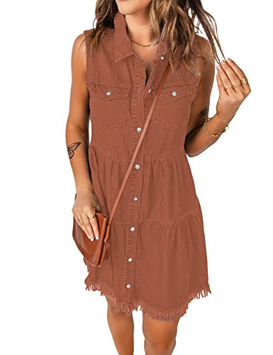 Image of luvamia Women's Casual Summer Lapel Sleeveless Button Down Short Denim Jean Dress